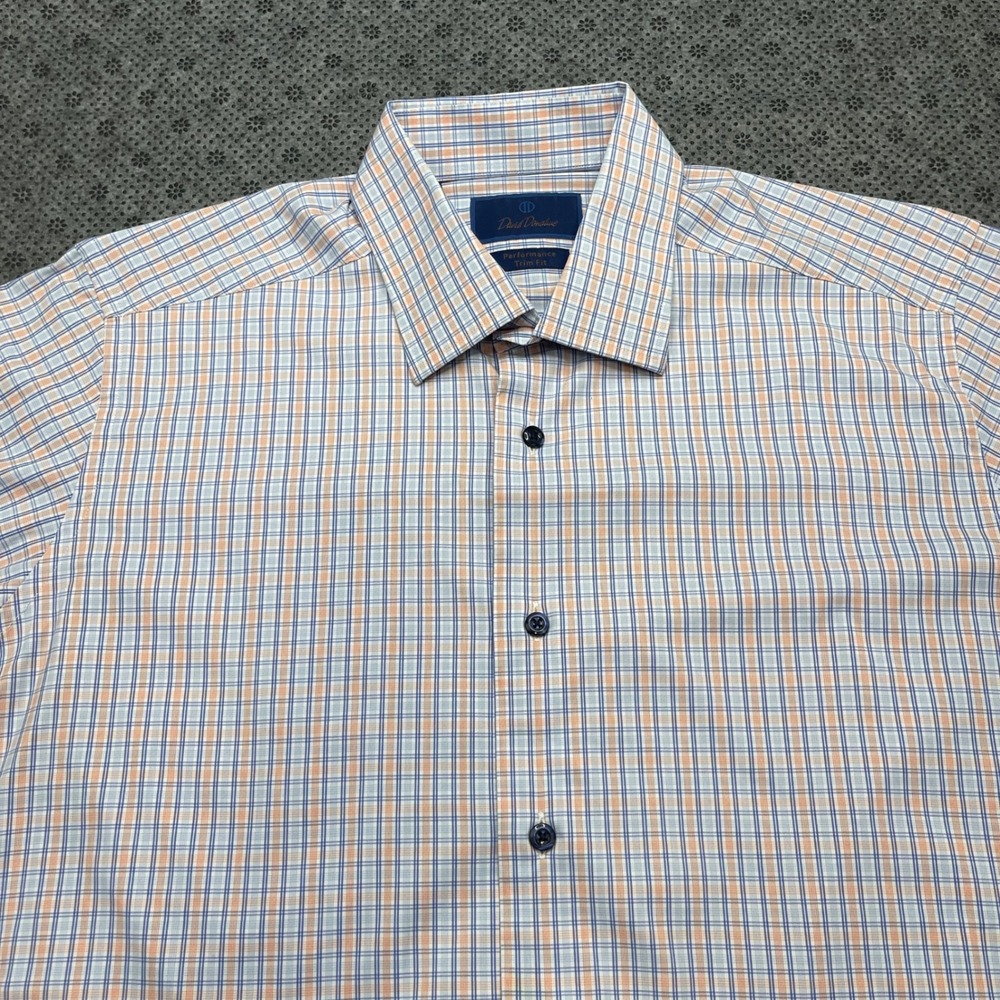 David Donahue Performance Trim Fit Dress Shirt Mens 16.5 36/37 Blue Orange Plaid - Picture 8 of 10